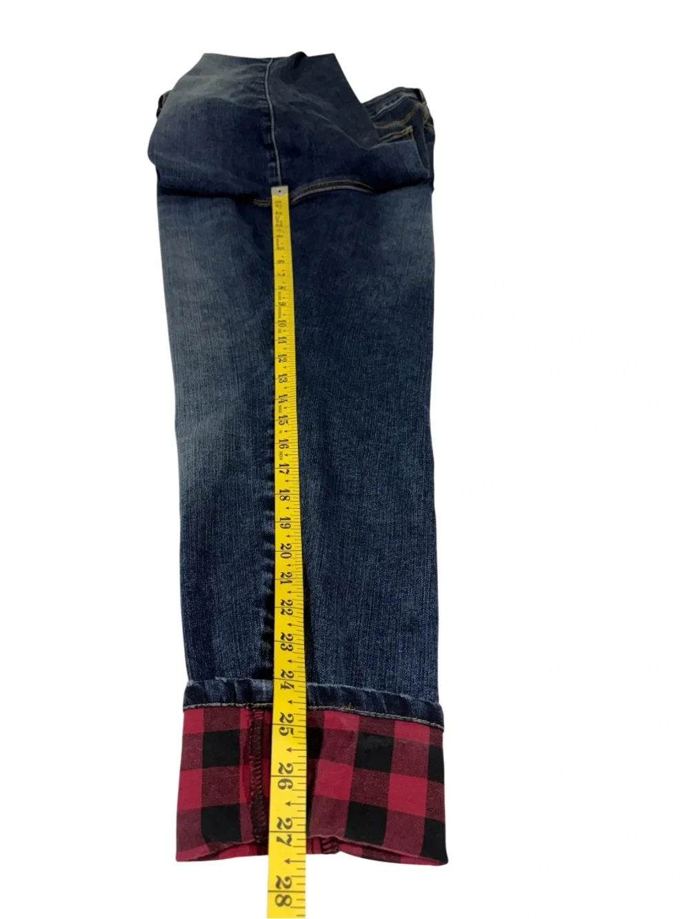 Maurices Blue Boyfriend Jeans with Red Plaid Cuffs
